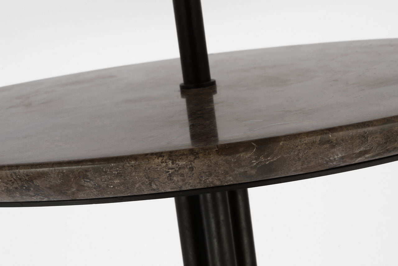 Tavlian Large Tray Table Floor Lamp | Aged Iron and Gray Marble | Linen Shade