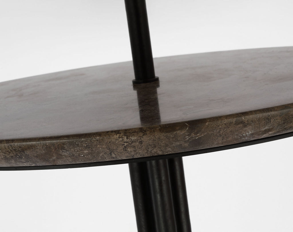 Tavlian Large Tray Table Floor Lamp | Aged Iron and Gray Marble | Linen Shade