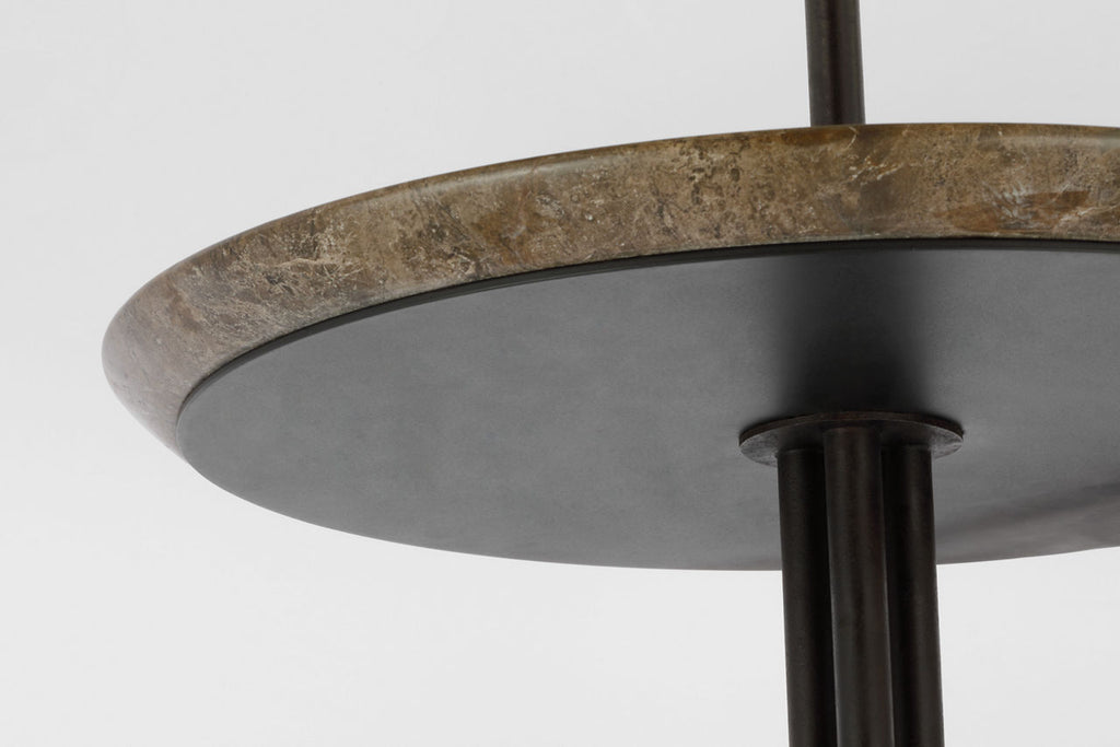 Tavlian Large Tray Table Floor Lamp | Aged Iron and Gray Marble | Linen Shade