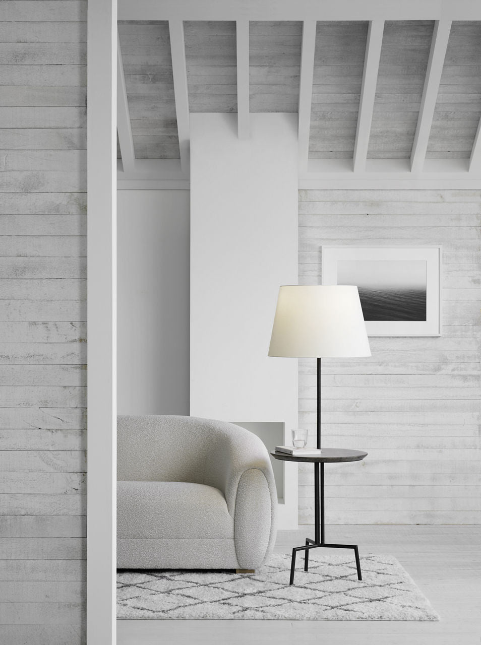 Tavlian Large Tray Table Floor Lamp | Aged Iron and Gray Marble | Linen Shade