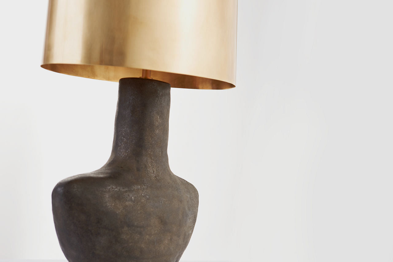 Armato Small Table Lamp | Stained Black Metallic Ceramic | Oval Antique-Burnished Brass Shade