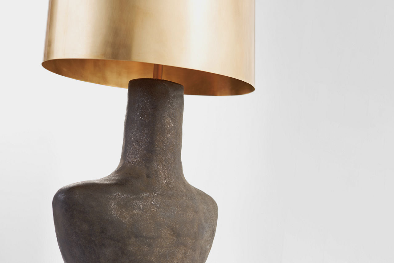 Armato Small Table Lamp | Stained Black Metallic Ceramic | Oval Antique-Burnished Brass Shade