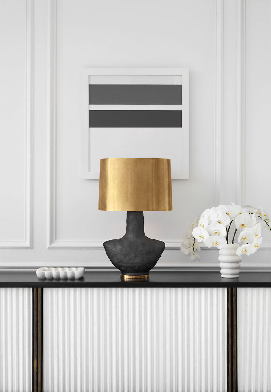 Armato Small Table Lamp | Stained Black Metallic Ceramic | Oval Antique-Burnished Brass Shade