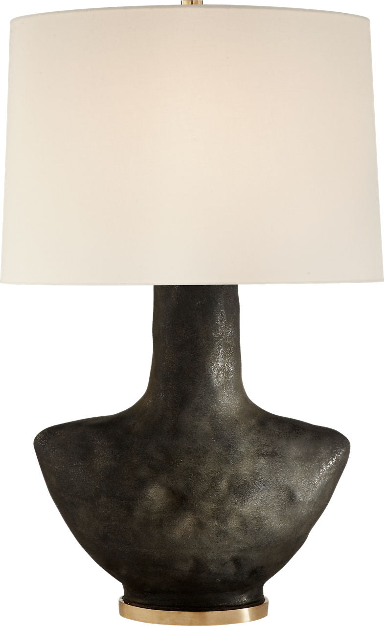 Armato Small Table Lamp | Stained Black Metallic Ceramic | Oval Linen Shade