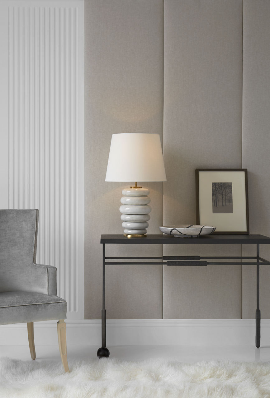 Phoebe Stacked Table Lamp | Antiqued White | Linen Shade