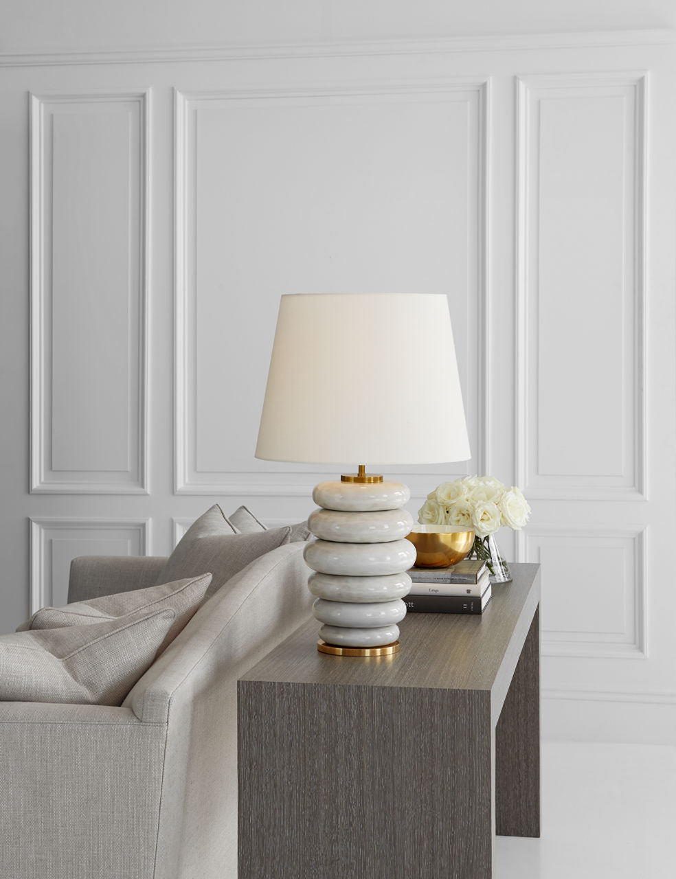 Phoebe Stacked Table Lamp | Antiqued White | Linen Shade