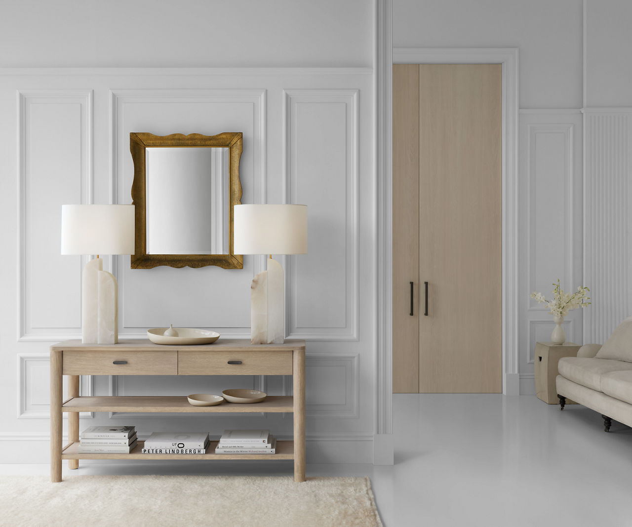 Savoye Large Right Table Lamp | Alabaster | Linen Shade