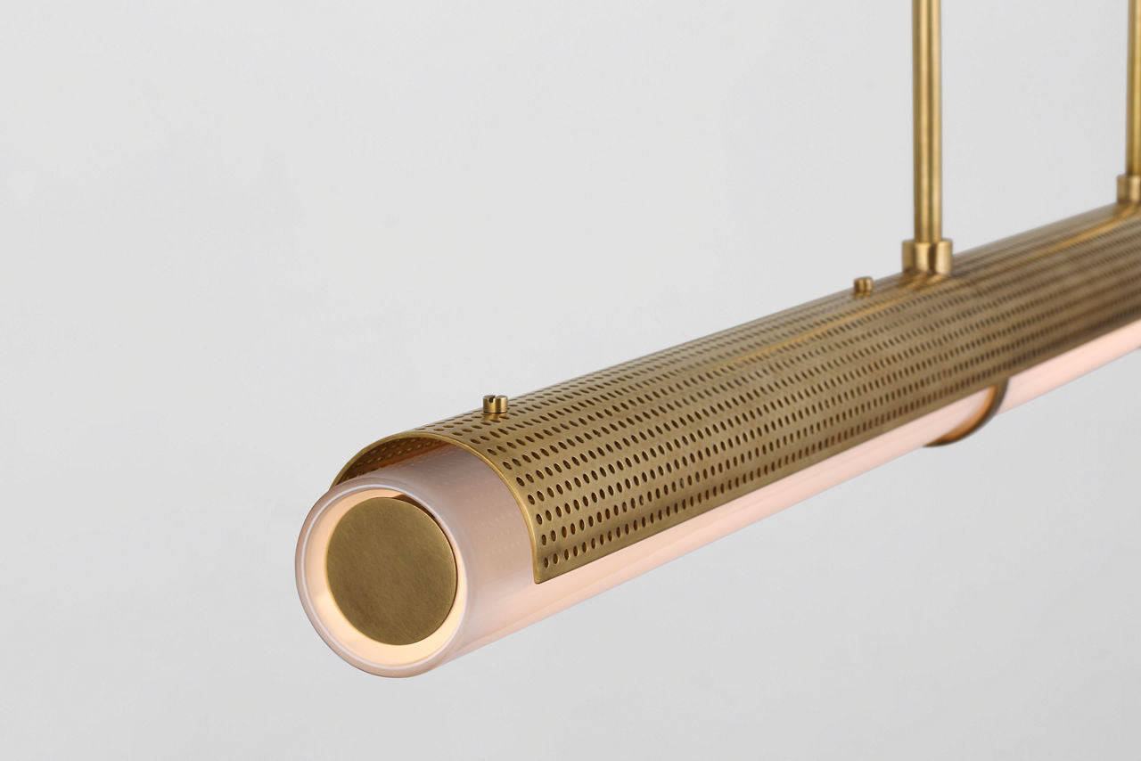 Precision Large Linear Chandelier | Antique-Burnished Brass | White Glass