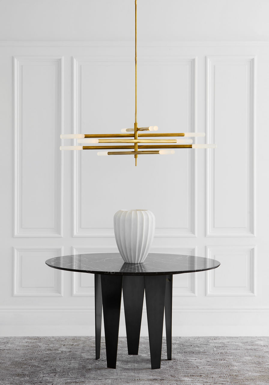 Rousseau Grande Ten Light Articulating Chandelier | Antique-Burnished Brass | Etched Crystal