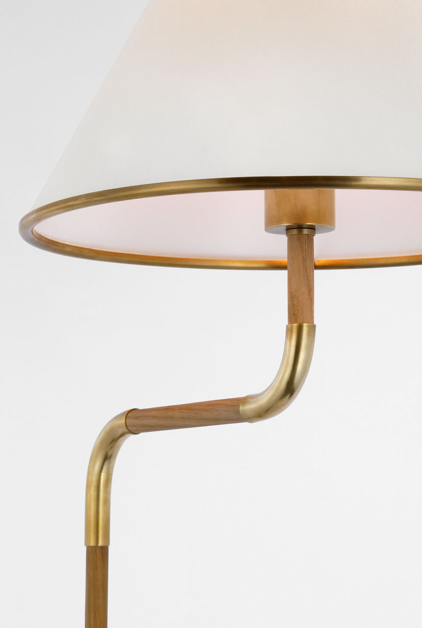 Rigby Medium Bridge Arm Floor Lamp | Soft Brass and Natural Oak | Linen Shade