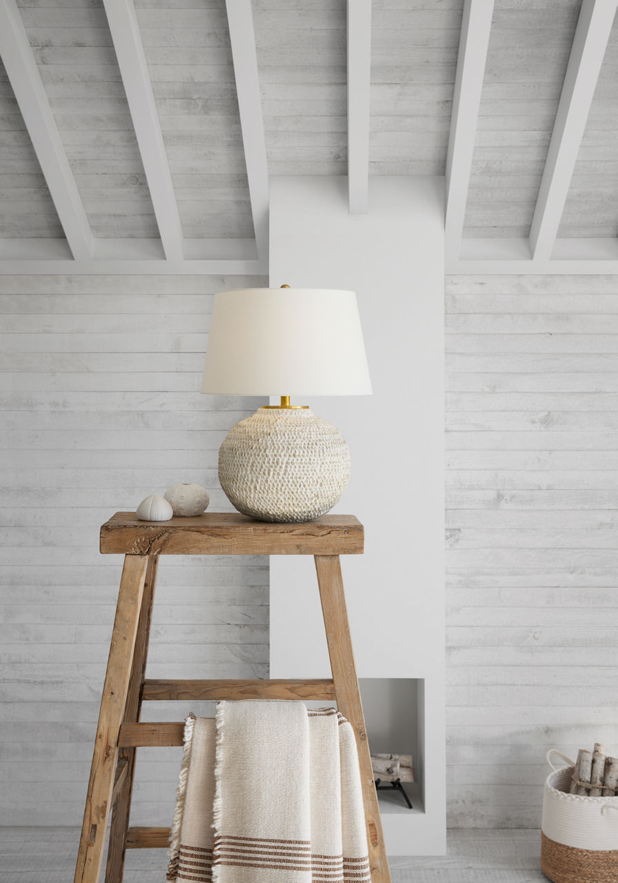 Avedon Small Table Lamp | Plaster White Rattan | Linen Shade