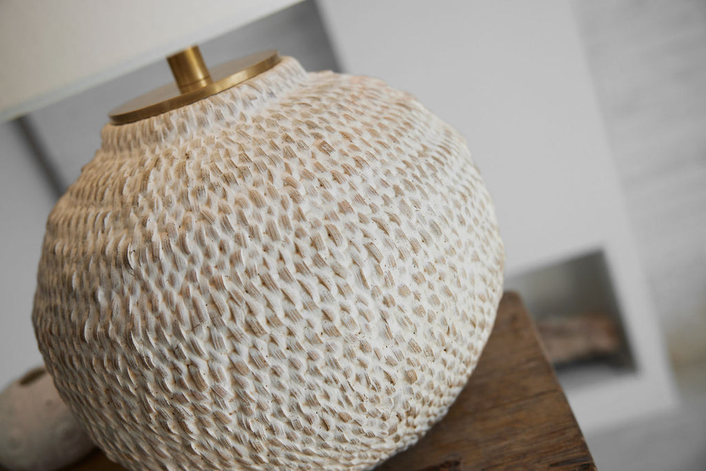Avedon Small Table Lamp | Plaster White Rattan | Linen Shade
