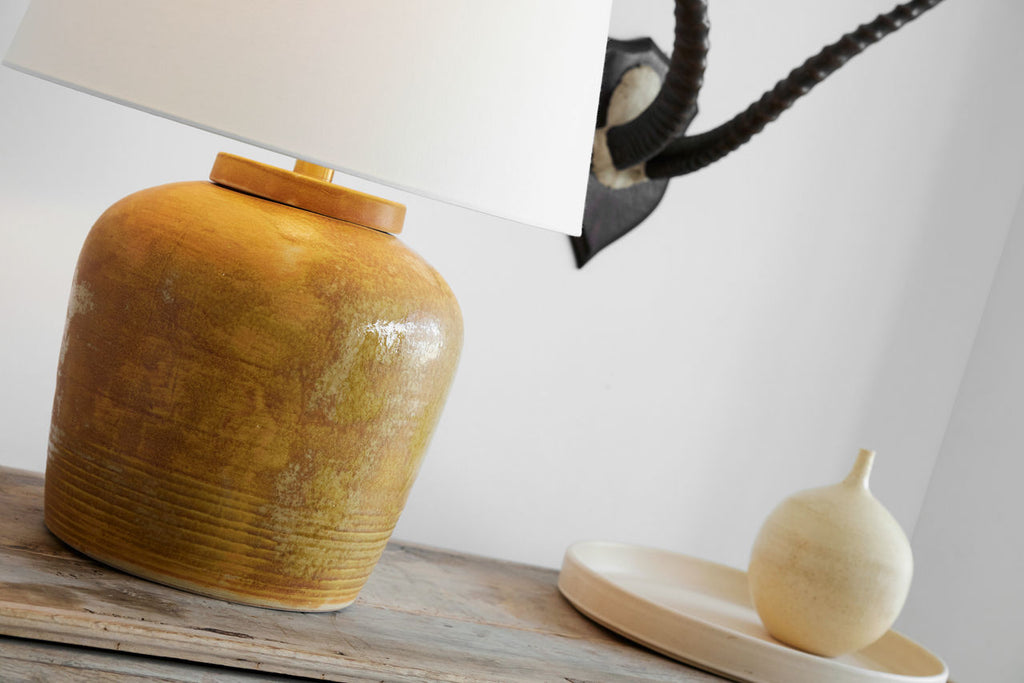 Nora Medium Table Lamp | Yellow Oxide | Linen Shade