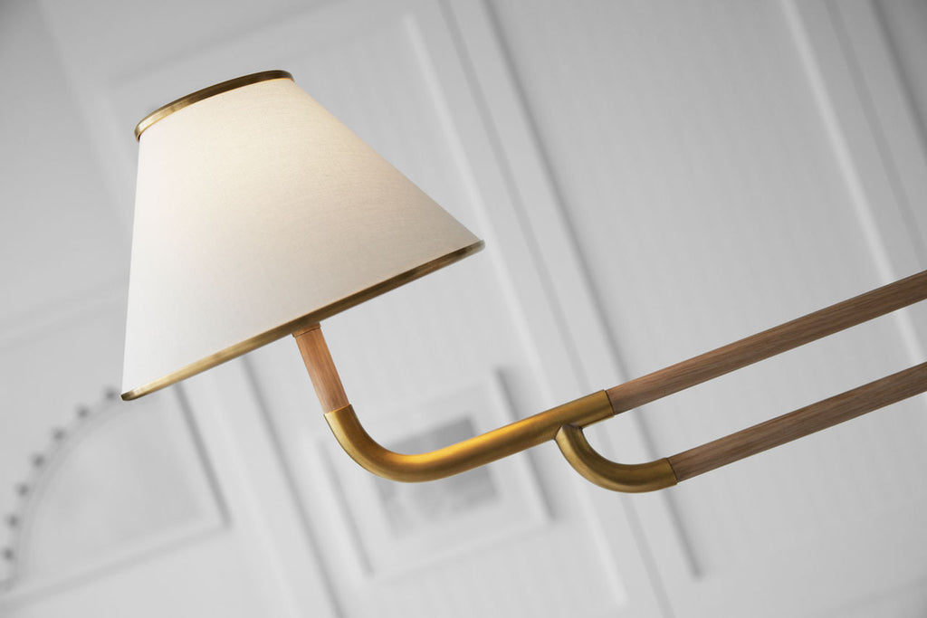 Rigby Large Linear Chandelier | Soft Brass and Natural Oak | Linen Shade