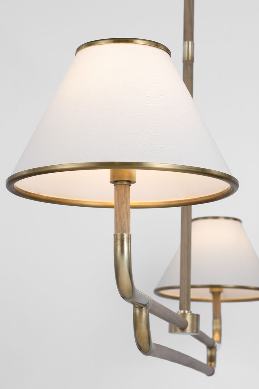 Rigby Large Linear Chandelier | Soft Brass and Natural Oak | Linen Shade