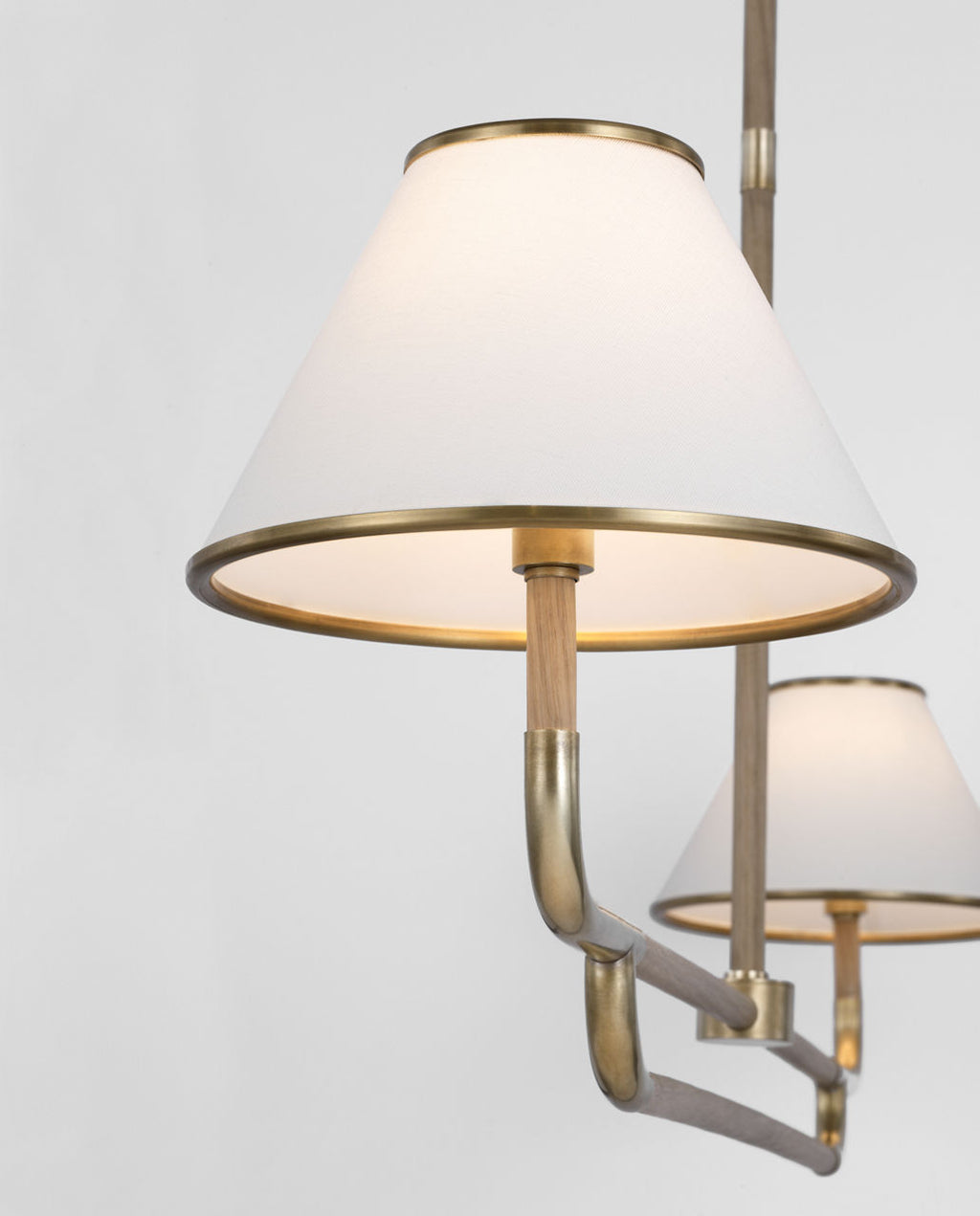 Rigby Large Linear Chandelier | Soft Brass and Natural Oak | Linen Shade