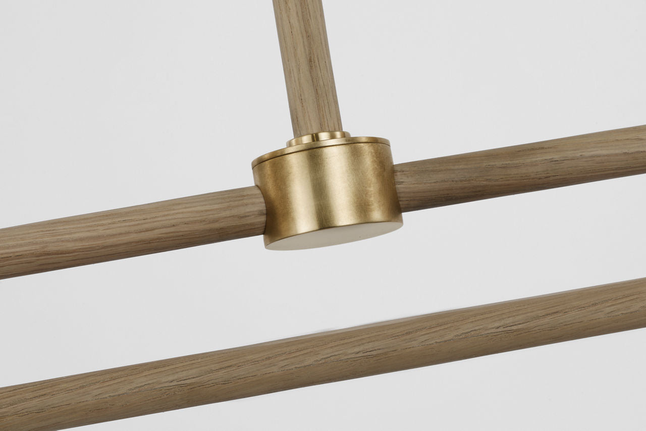 Rigby Large Linear Chandelier | Soft Brass and Natural Oak | Linen Shade
