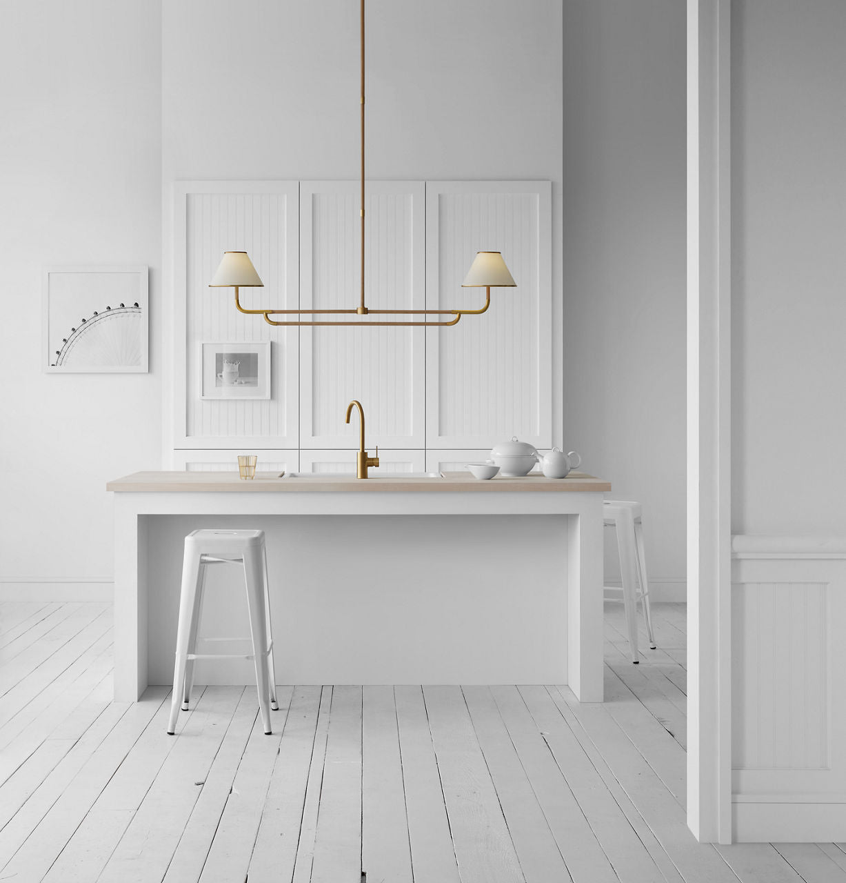 Rigby Large Linear Chandelier | Soft Brass and Natural Oak | Linen Shade