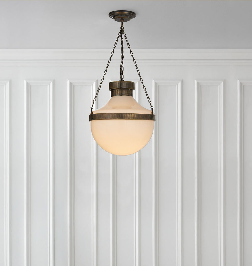 Modern Schoolhouse Lantern | Antique Brass Verdigris | White Glass