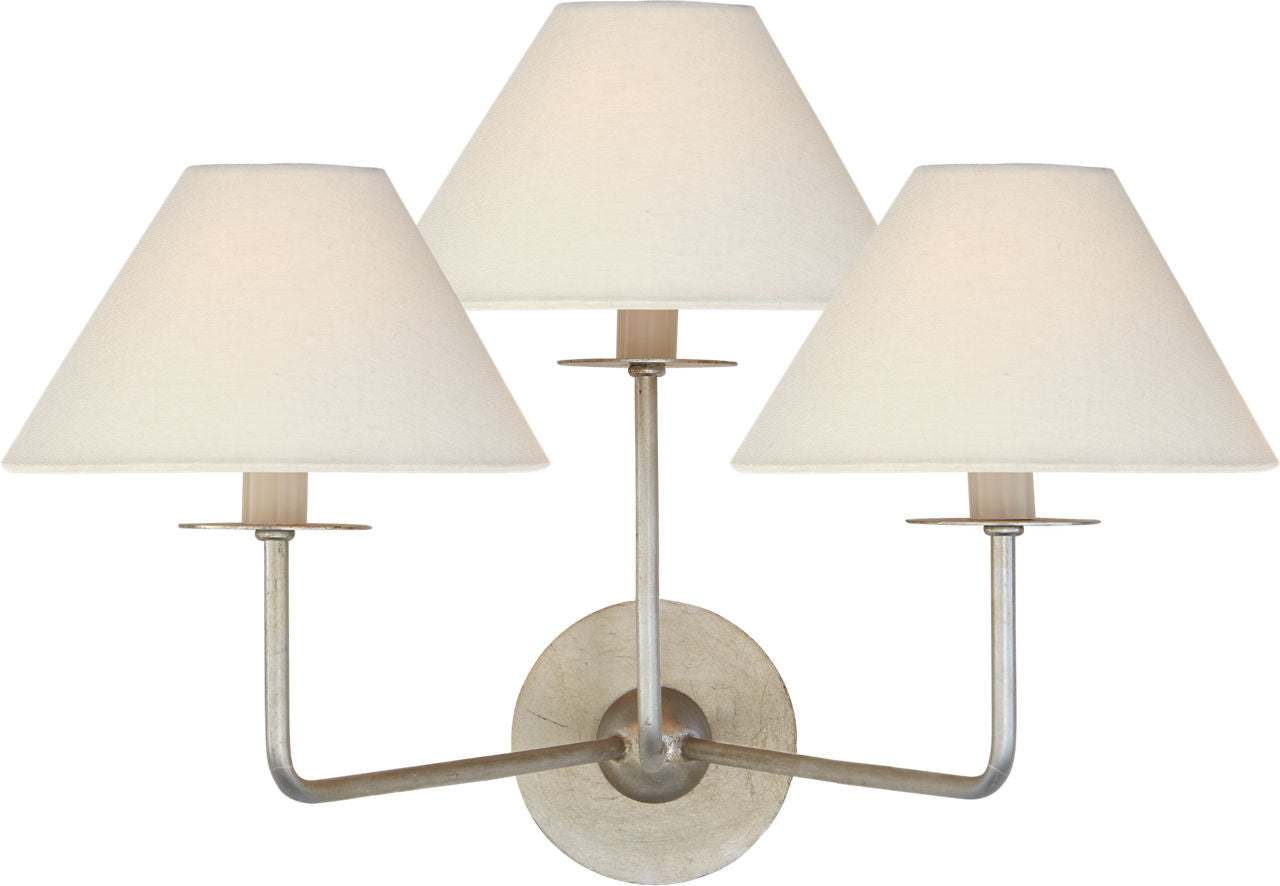 Kelley Medium Triple Sconce | Burnished Silver Leaf | Linen Shades