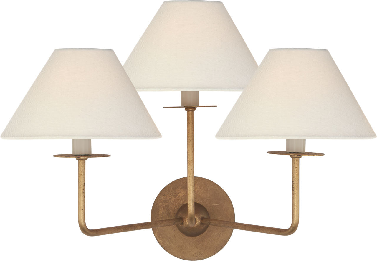 Kelley Medium Triple Sconce | Gilded Iron | Linen Shades