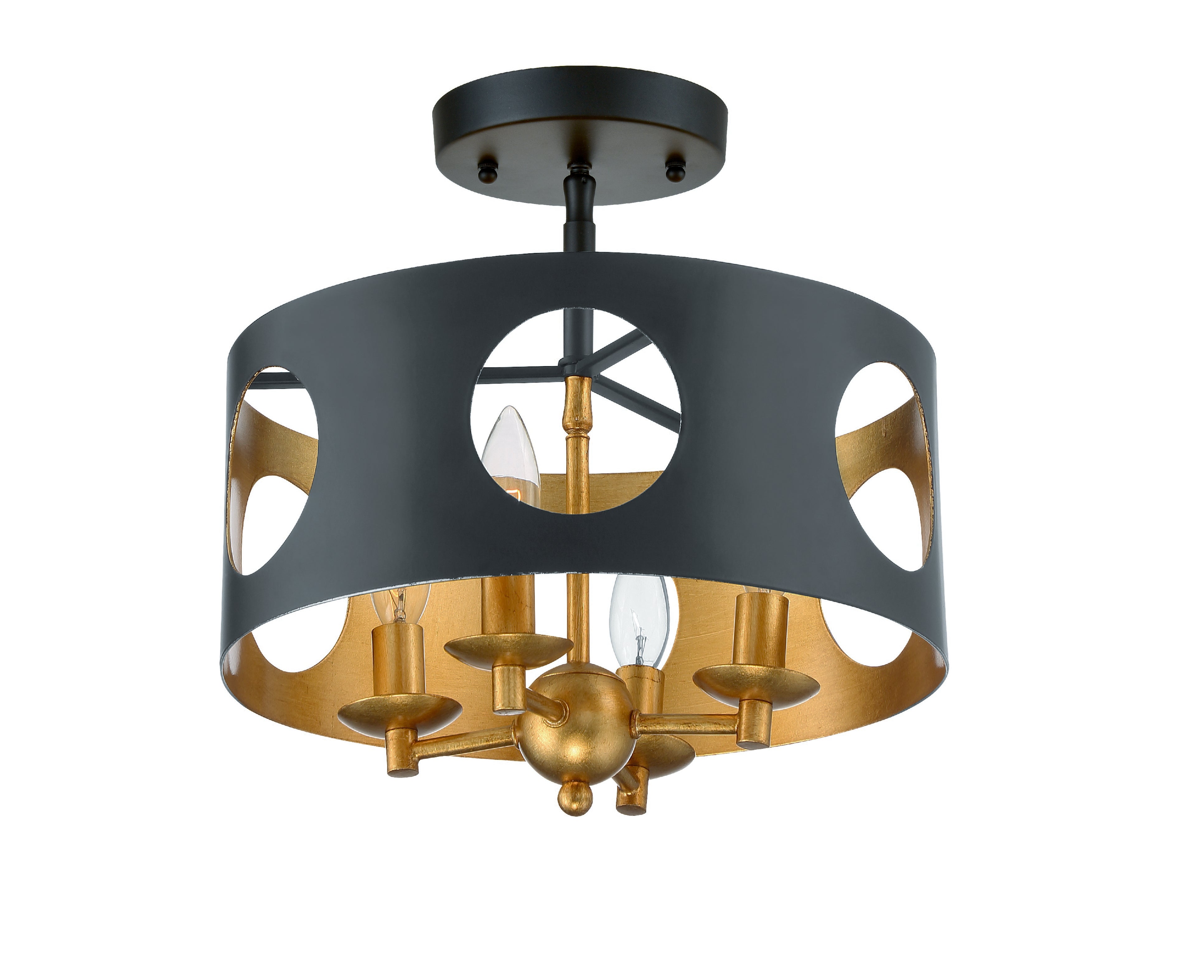 Odelle 14'' Black + Antique Gold Semi Flush Mount