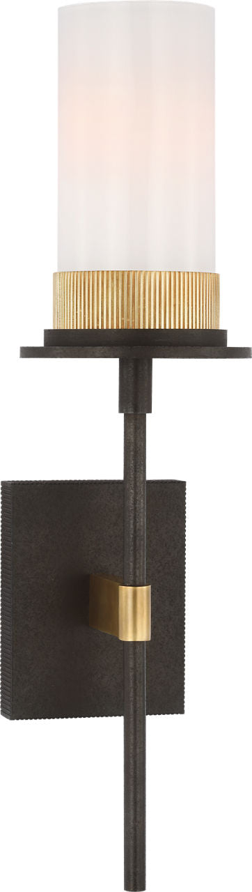 Beza Medium Tail Sconce | Warm Iron and Antique Brass | White Glass