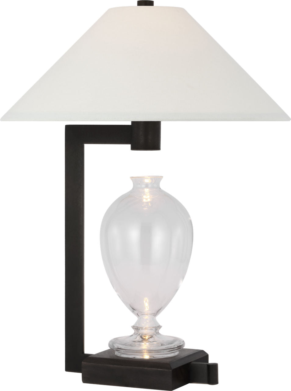 Phial Large Display Form Table Lamp | Clear Glass and Warm Iron and Dark Walnut | Linen Shade