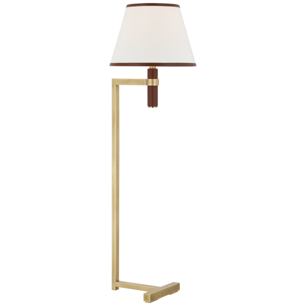 Hedger 55" Floor Lamp | Natural Brass and Saddle Leather | Linen Shade and Saddle Leather Trim
