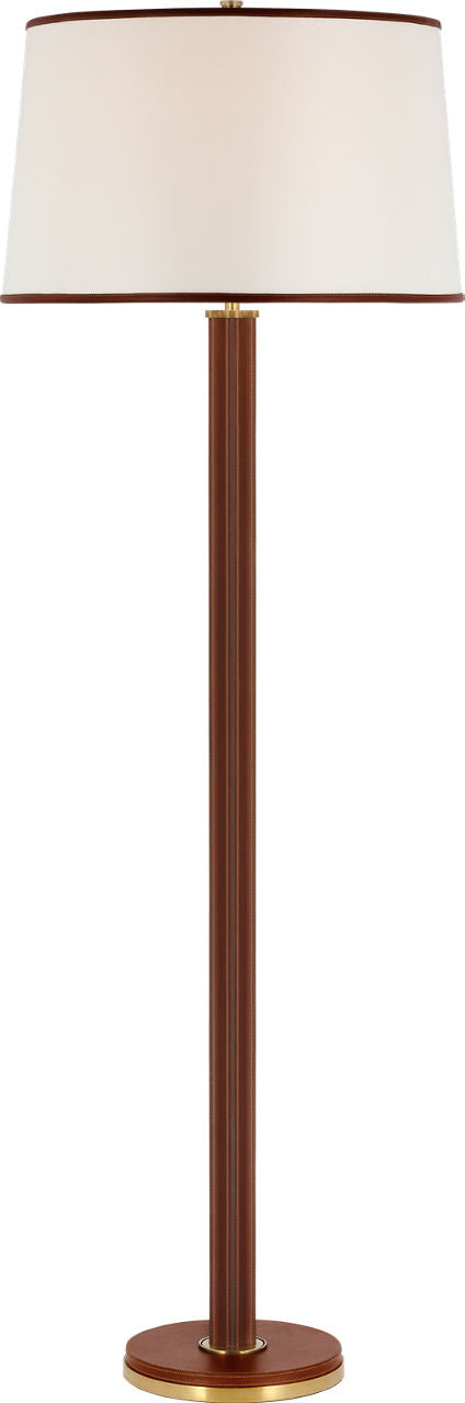 Riley Large Floor Lamp | Natural Brass and Saddle Leather | Leather Trimmed Linen Shade