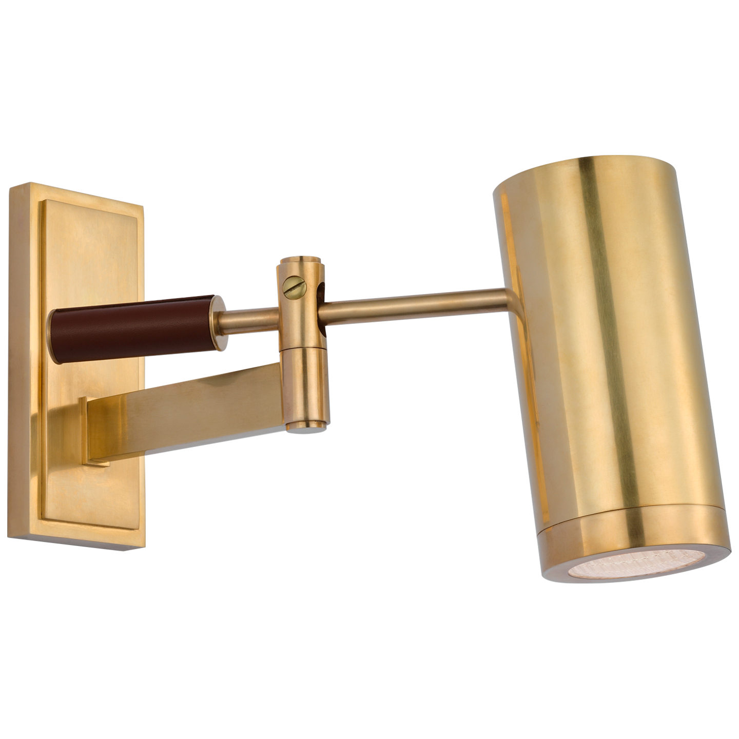Grant 8" Articulating Wall Light | Natural Brass and Saddle Leather | Industrial Prismatic Glass