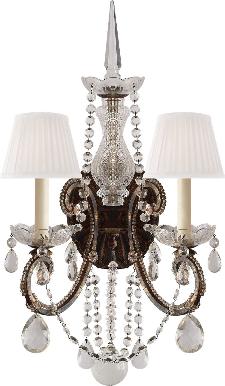 Adrianna Double Sconce | Antique Gild and Antiqued Crystal and Silk Shades