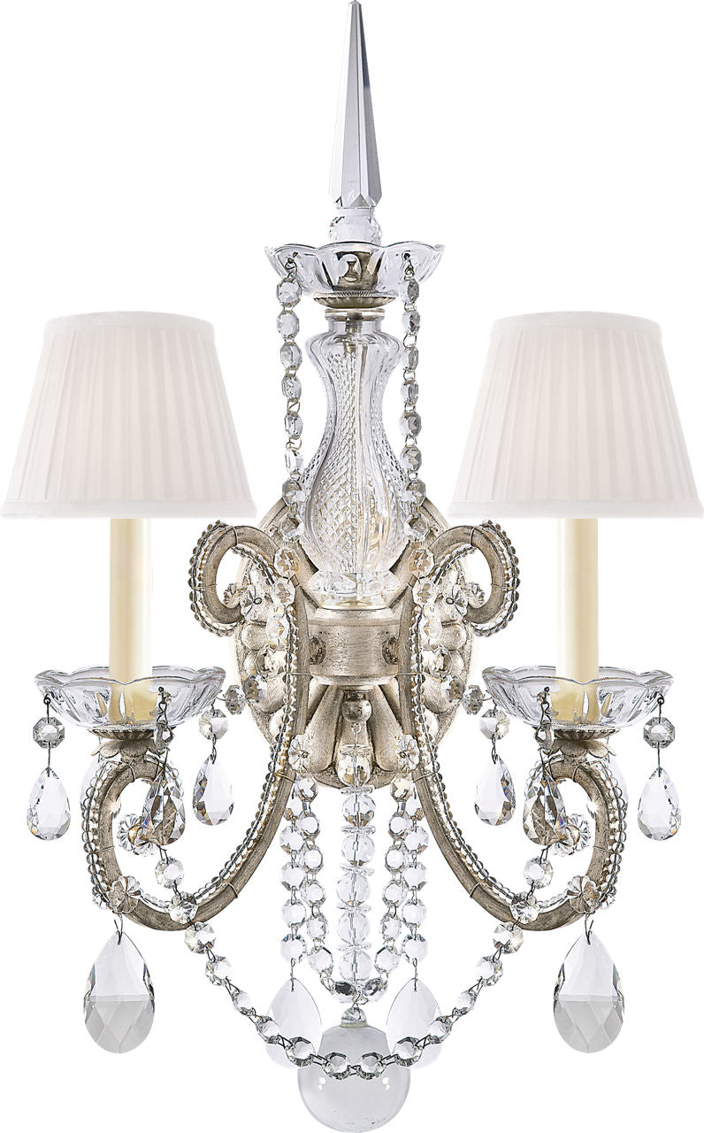 Adrianna Double Sconce | Antique Silver Leaf and Crystal | Silk Shades