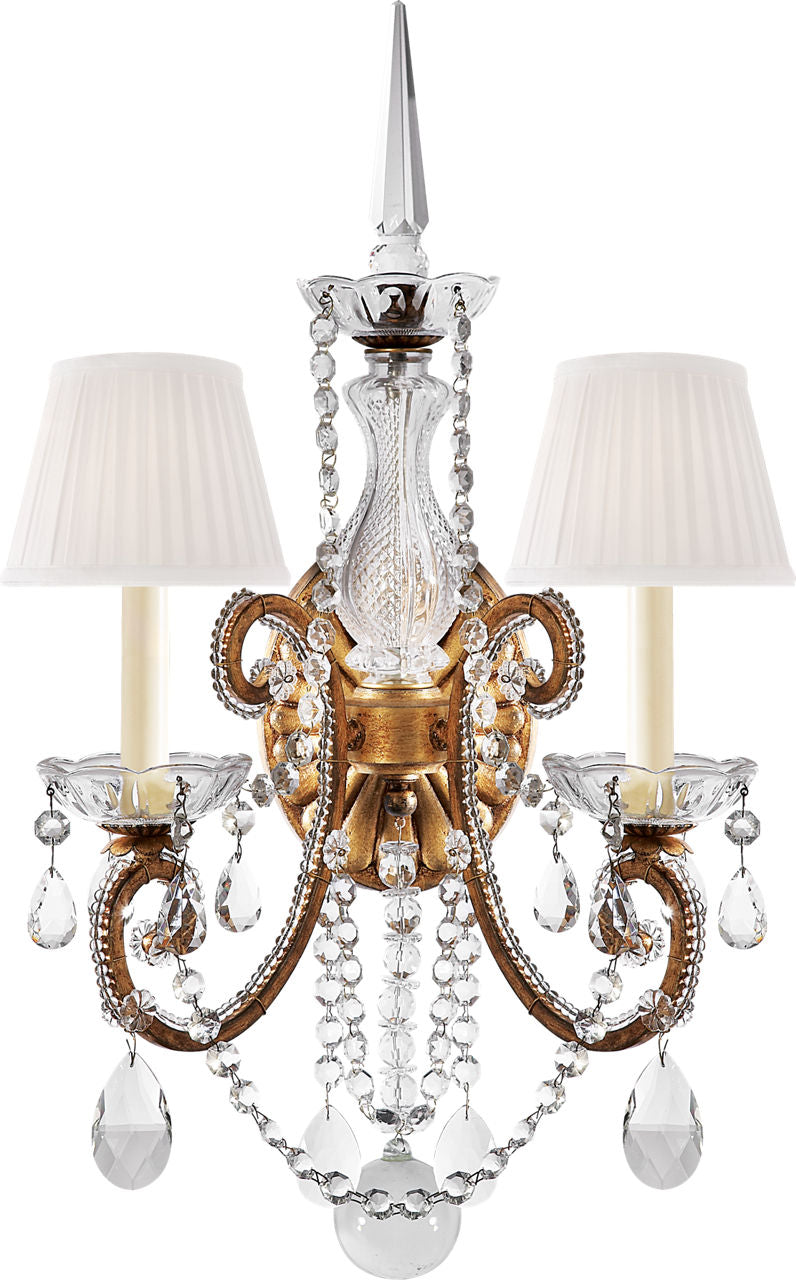 Adrianna Double Sconce | Gilded Iron and Crystal | Silk Shades