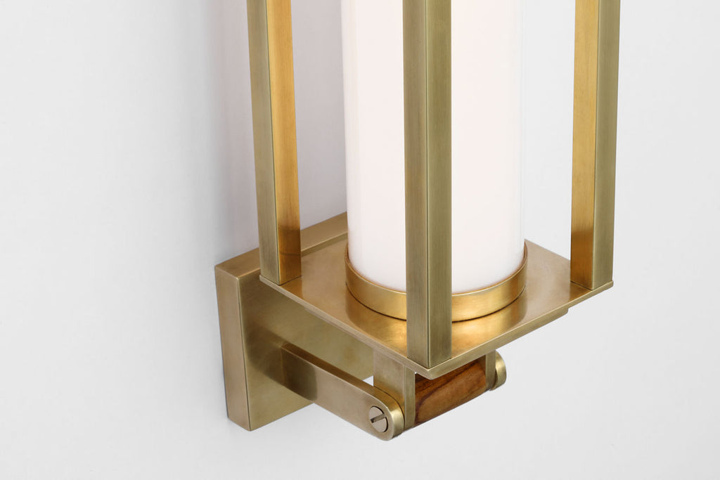 Northport 24" Linear Sconce | Natural Brass and Teak | White Glass