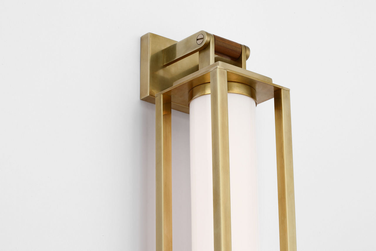 Northport 24" Linear Sconce | Natural Brass and Teak | White Glass