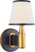 Riley Single Sconce | Natural Brass and Navy Leather | Leather Trimmed Linen Shades