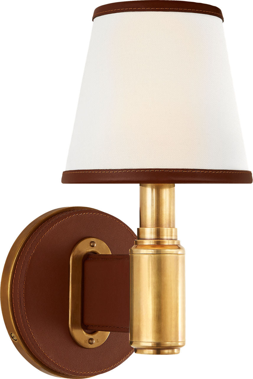 Riley Single Sconce | Natural Brass and Saddle Leather | Leather Trimmed Linen Shades