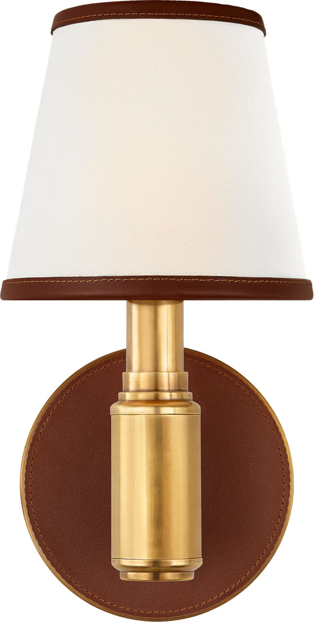 Riley Single Sconce | Natural Brass and Saddle Leather | Leather Trimmed Linen Shades