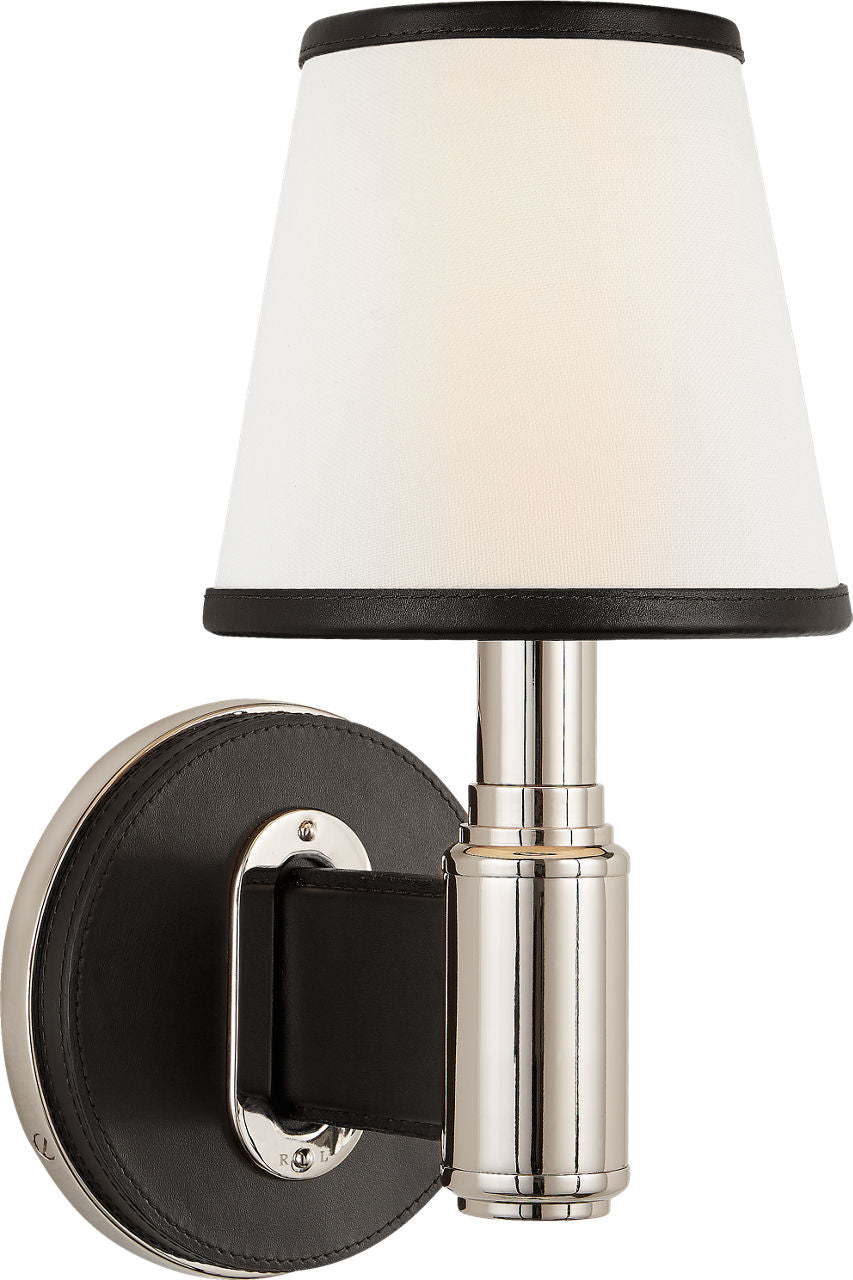 Riley Single Sconce | Polished Nickel and Chocolate Leather | Leather Trimmed Linen Shades