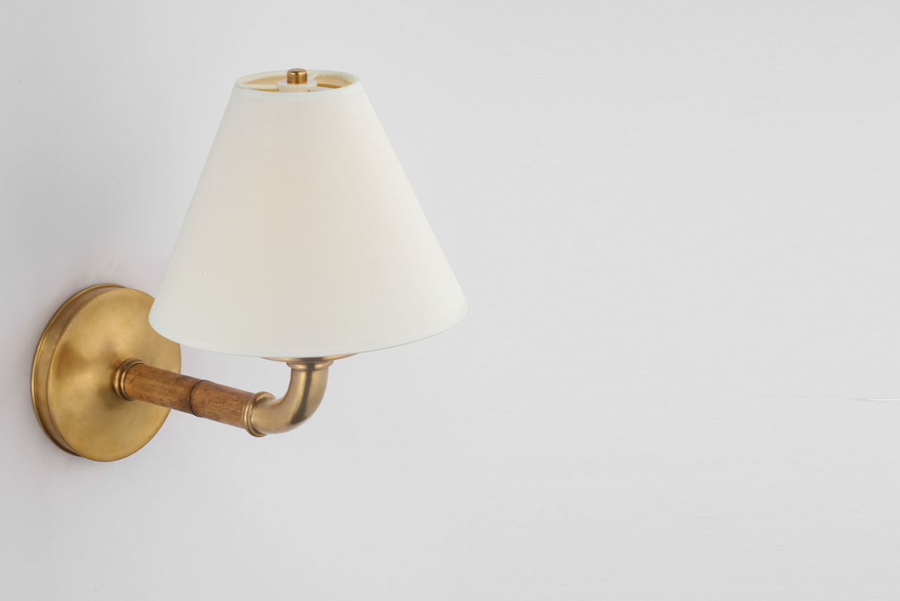 Dalfern Medium Single Sconce | Waxed Bamboo and Natural Brass | White Parchment Shade