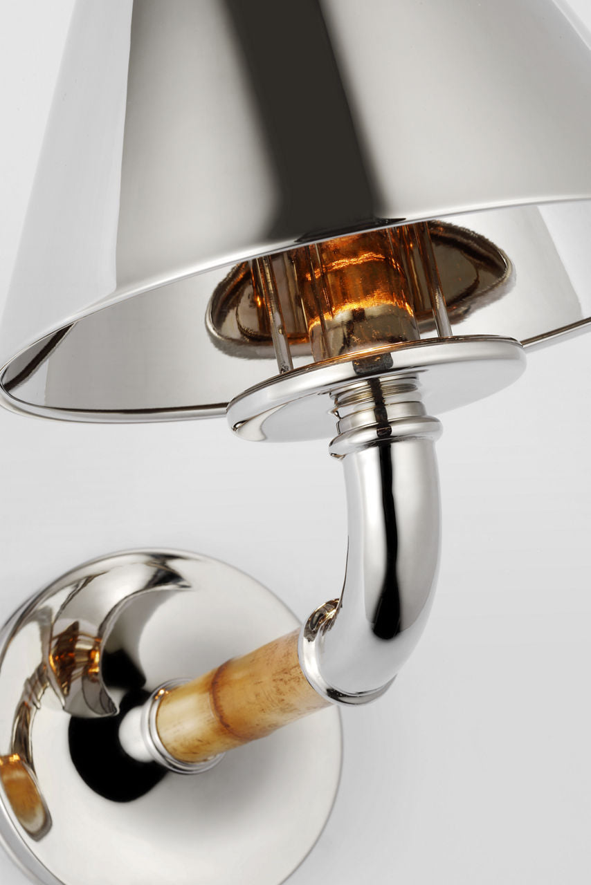 Dalfern Medium Single Sconce | Waxed Bamboo and Polished Nickel | Polished Nickel Shade