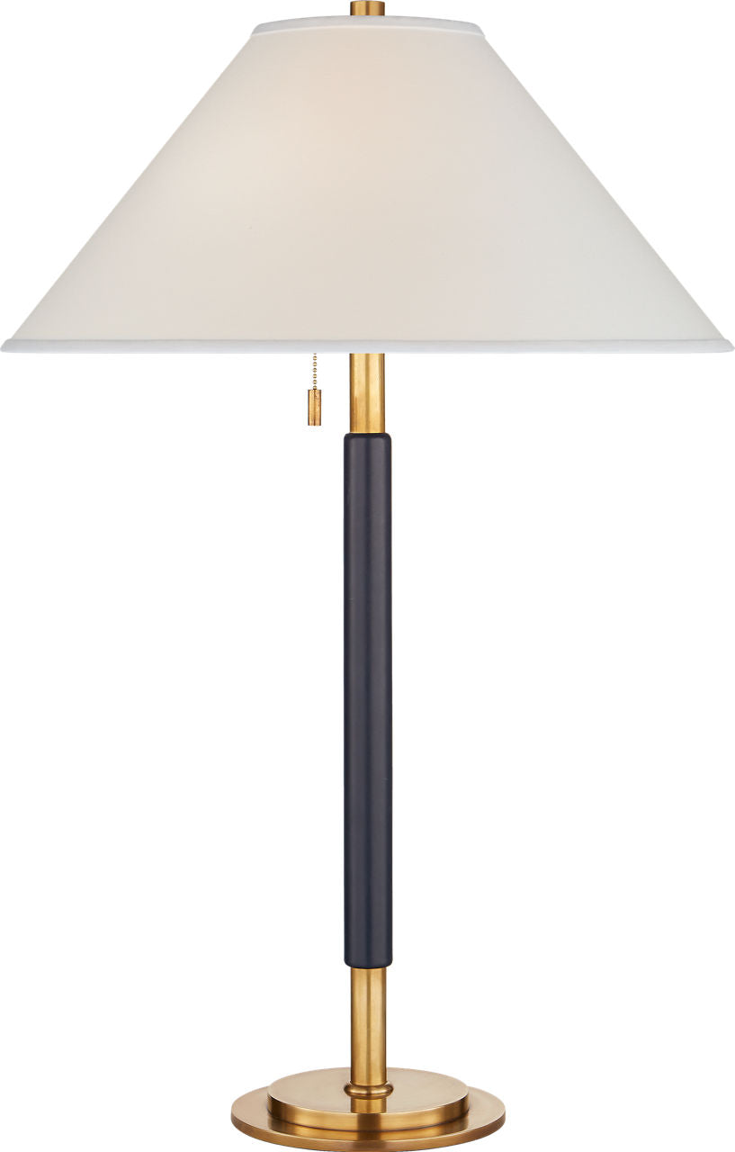 Garner Table Lamp | Natural Brass and Navy Leather | Percale Shade