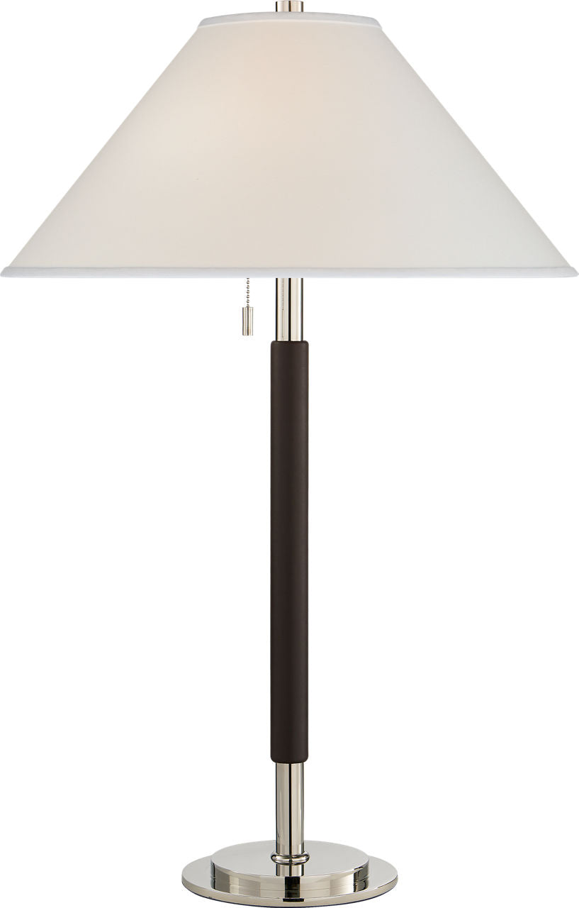 Garner Table Lamp | Polished Nickel and Chocolate Leather | Percale Shade