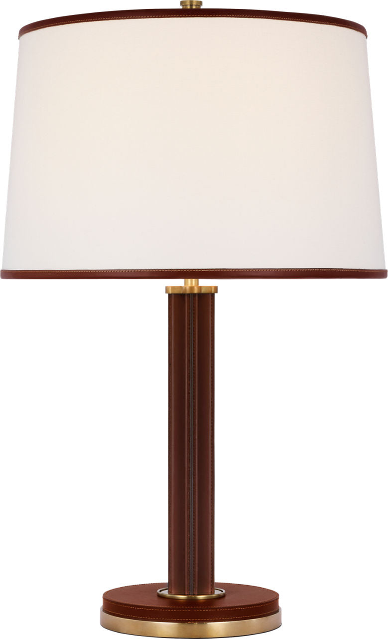 Riley Medium Table Lamp | Natural Brass and Saddle Leather | Leather Trimmed Linen Shade