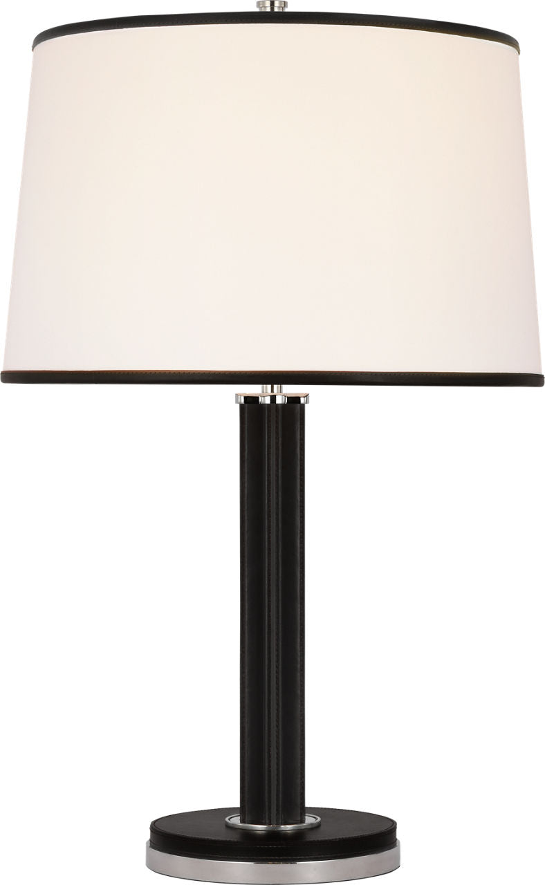 Riley Medium Table Lamp | Polished Nickel and Chocolate Leather | Leather Trimmed Linen Shade