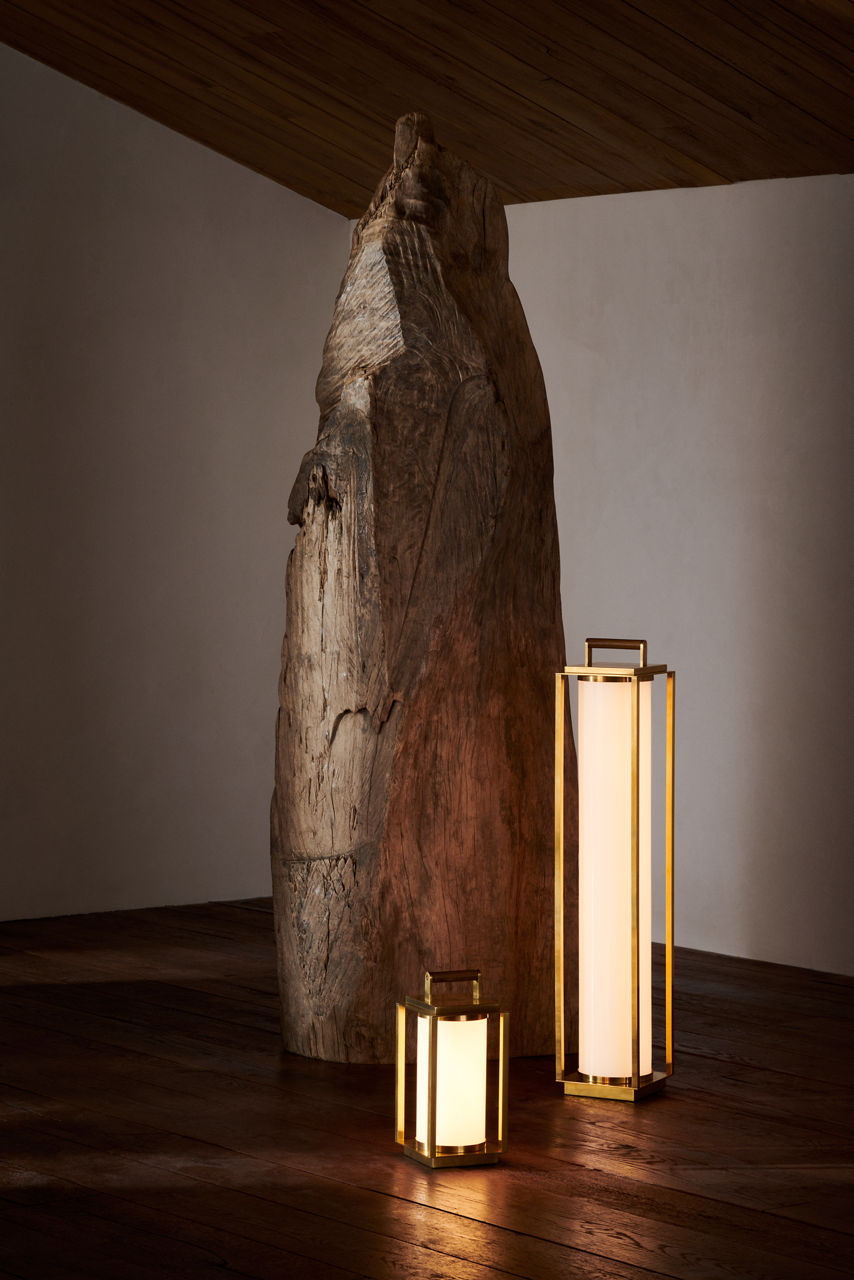 Northport Floor Lantern | Natural Brass and Teak | White Glass