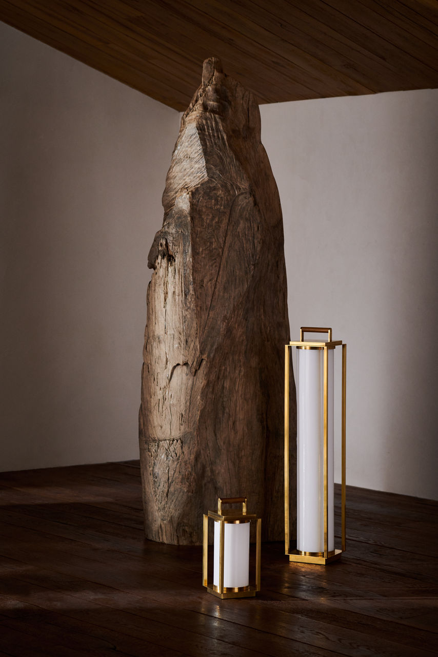 Northport Floor Lantern | Natural Brass and Teak | White Glass