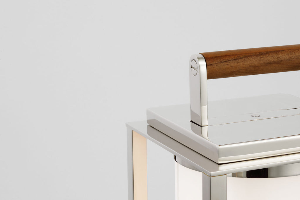 Northport Small Table Lantern | Polished Nickel and Teak | White Glass