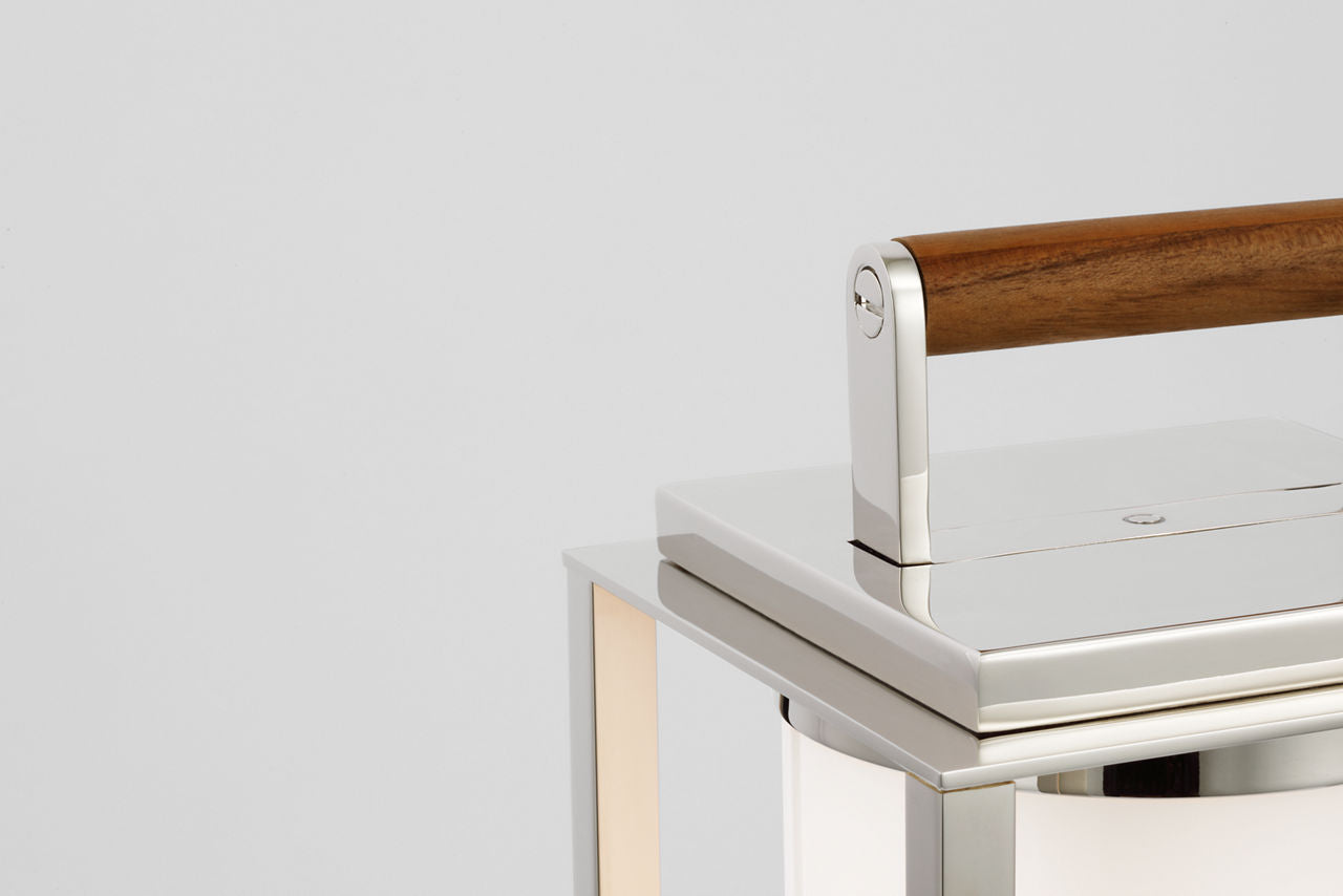 Northport Small Table Lantern | Polished Nickel and Teak | White Glass